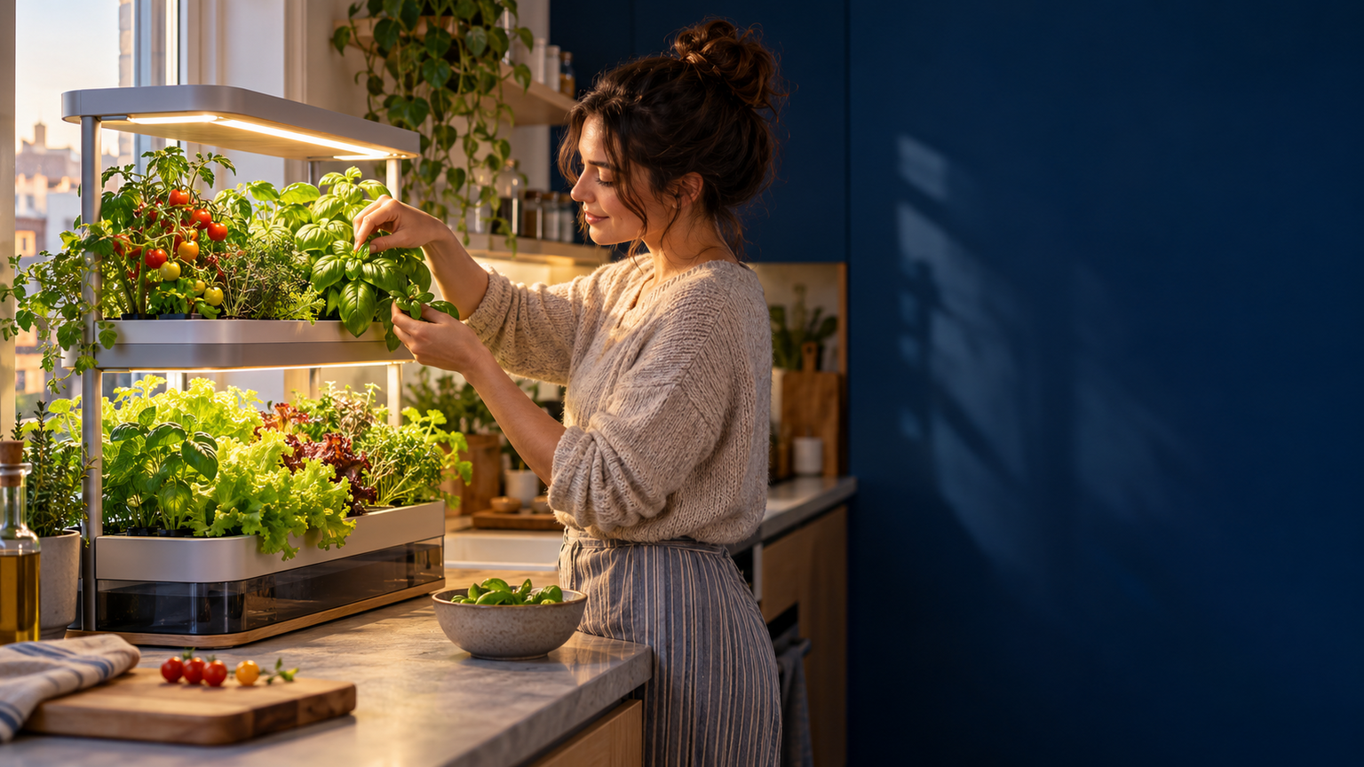 Two-tier indoor smart garden growing herbs and salad leaves in a compact modern kitchen